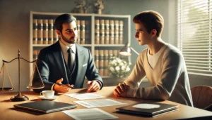 Legal office with a calm and professional atmosphere and two people are sitting at a table.