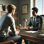 Professional setting showing a person consulting with an attorney in an office