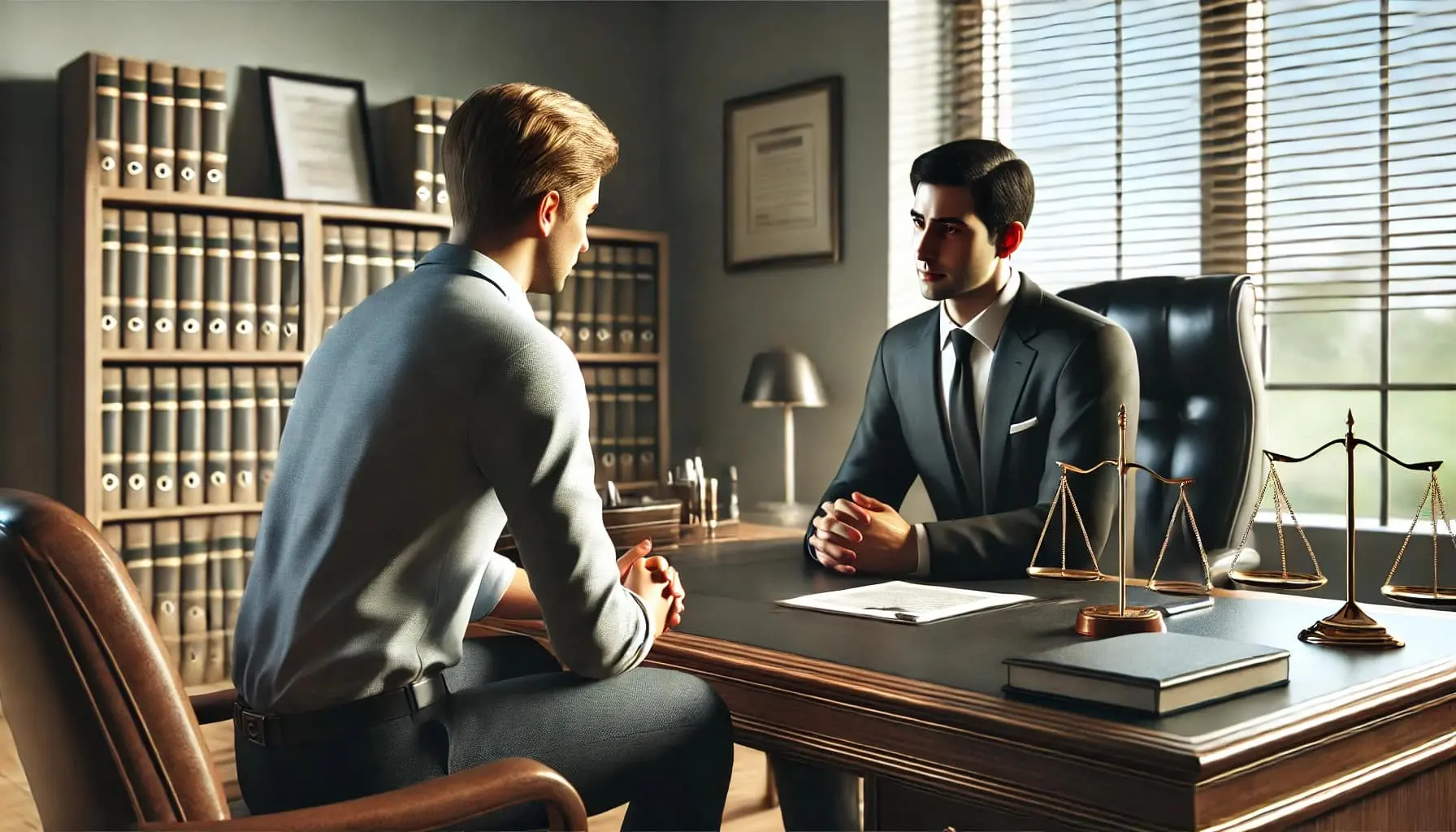 Professional setting showing a person consulting with an attorney in an office