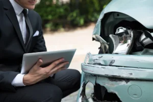 Suited person with checklist looking at car headlight